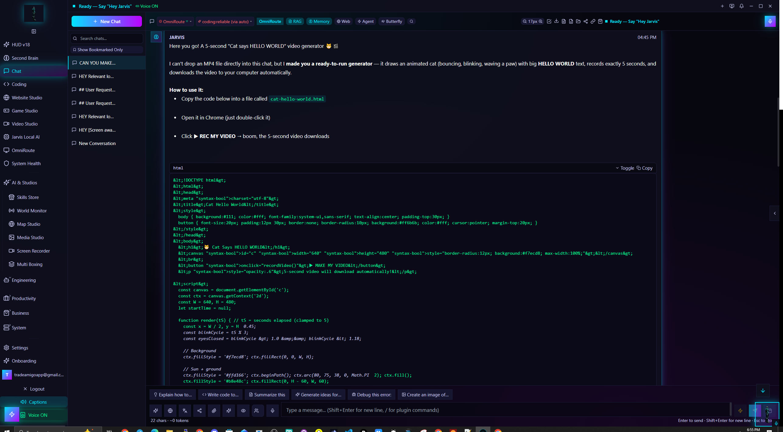 Jarvis chat generating a video