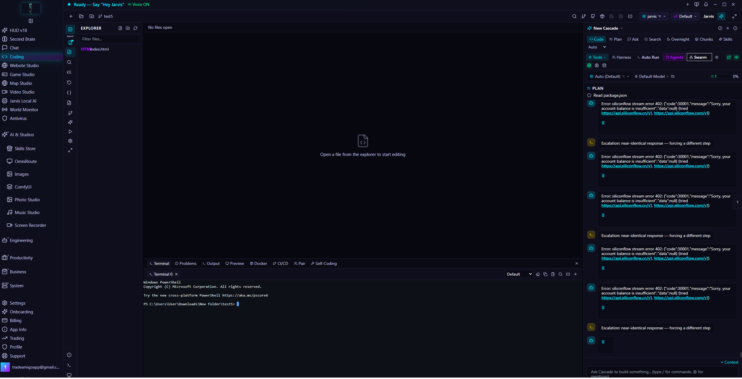 Jarvis AI Assistant — Code Generation: Monaco editor with AI code generation and execution.